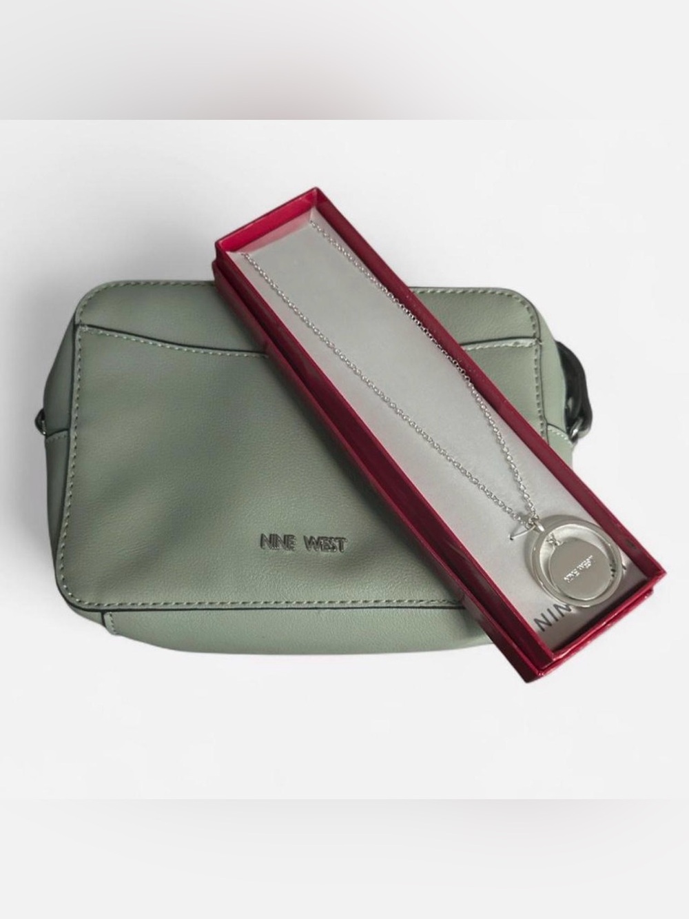 Nine West Sage Green Crossbody Bag with Silver Necklace